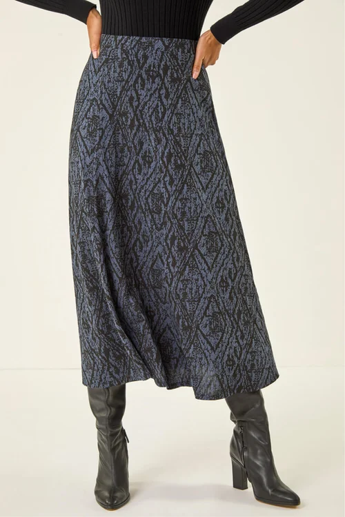 Roman Midnight Blue Abstract Diamond Print Midi Skirt - 14 Image 1