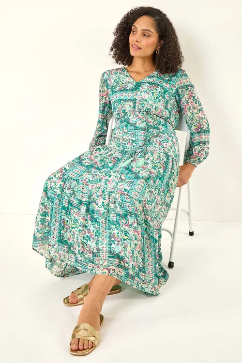 Roman Green Printed Metallic Tie Waist Maxi Dress - Size 14 Image 1