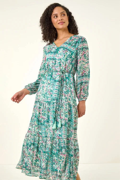 Roman Green Printed Metallic Tie Waist Maxi Dress - Size 14 Image 4