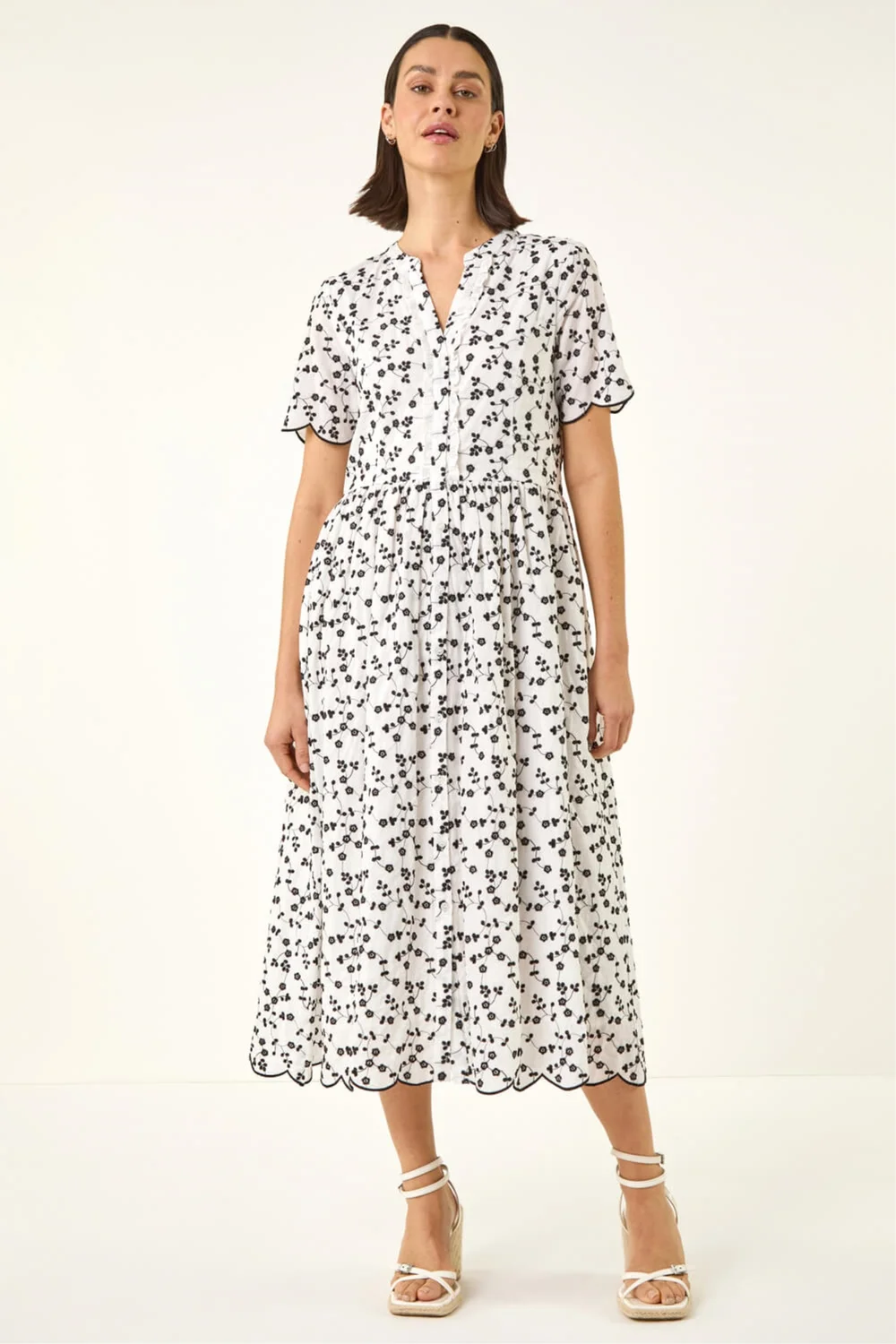 Roman White Floral Embroidered Button Midi Dress - 16 Image 2