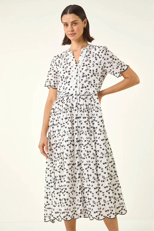 Roman White Floral Embroidered Button Midi Dress - 16 Image 4