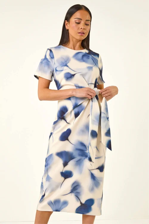 Roman Navy Petite Print Tie Waist Midi Dress - Size 14 Image 2