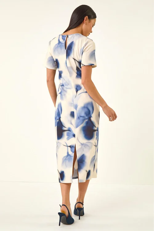 Roman Navy Petite Print Tie Waist Midi Dress - Size 14 Image 3