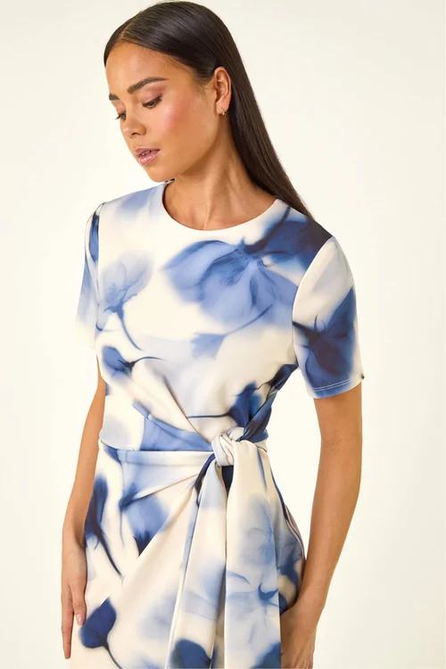 Roman Navy Petite Print Tie Waist Midi Dress - Size 14 Image 4