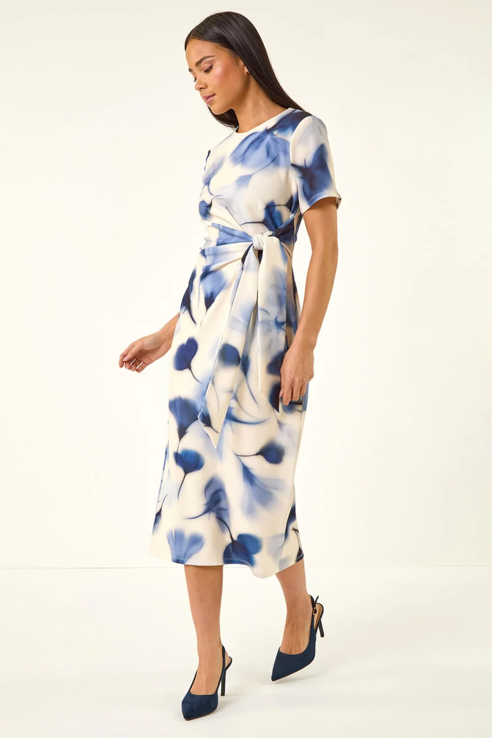 Roman Navy Petite Print Tie Waist Midi Dress - Size 14 Image 1