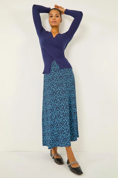 Roman Mid Navy Floral Print Stretch Midi Skirt - Size 18 Image 3