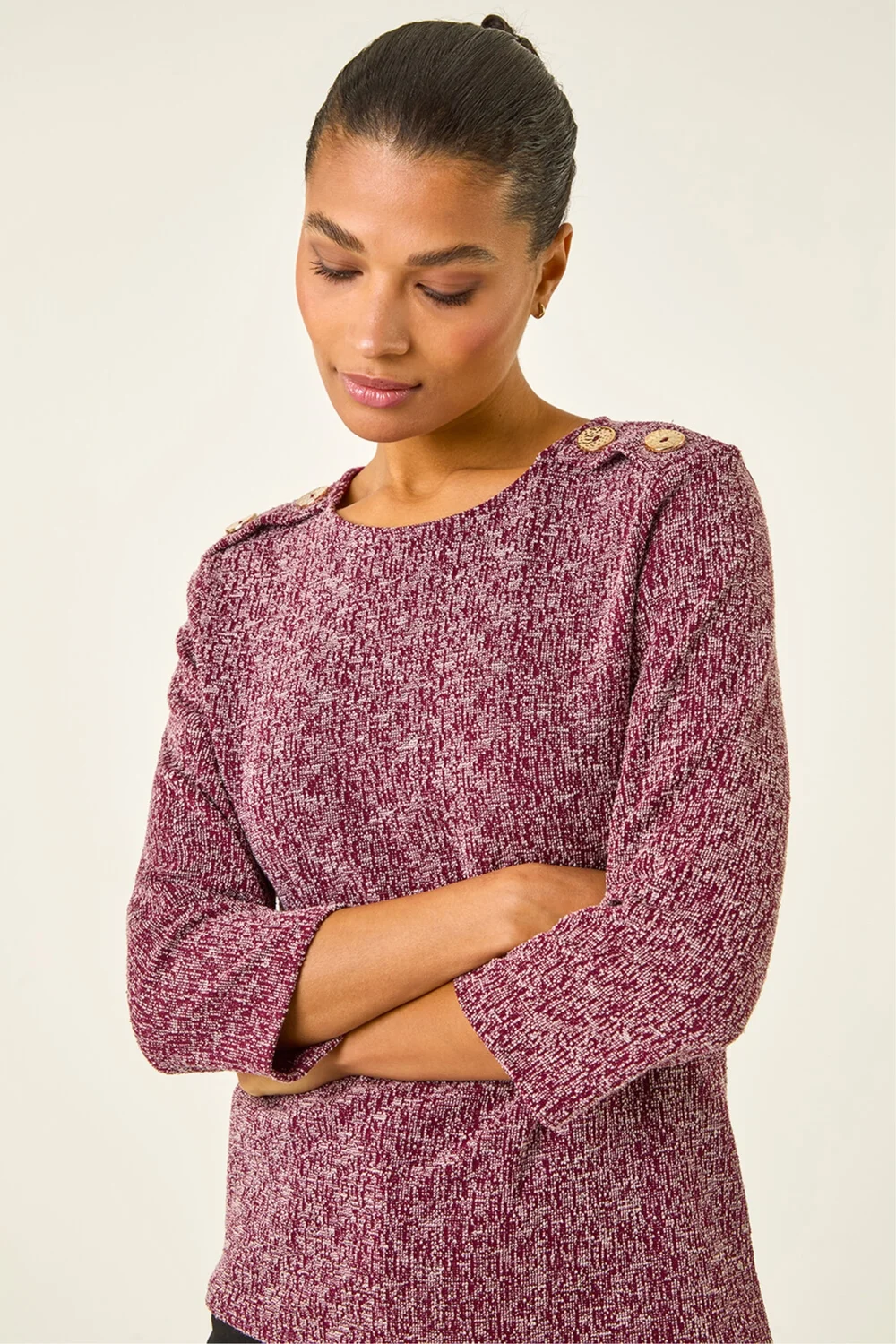 Roman Burgundy Textured Button Shoulder Top - Size 10 Image 1