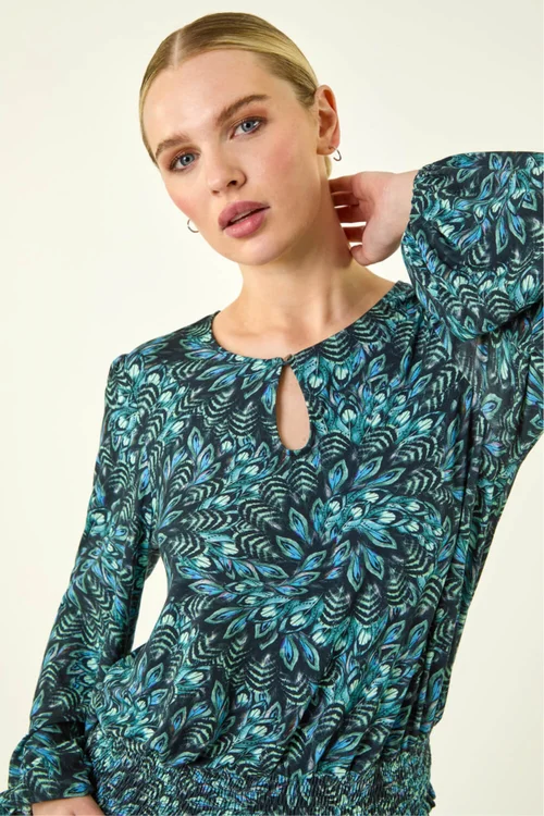 Roman Blue Petite Printed Shirred Band Top - Size 16 Image 1