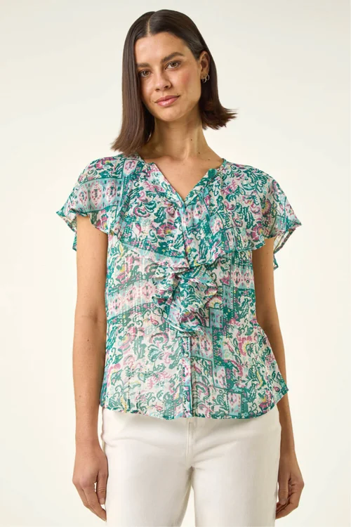 Roman Green Abstract Print Ruffle Front Blouse - Size 14 Image 4