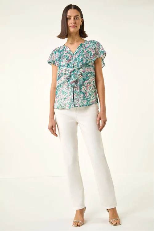 Roman Green Abstract Print Ruffle Front Blouse - Size 14 Image 2