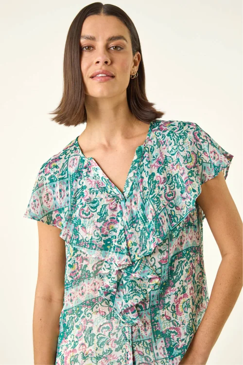 Roman Green Abstract Print Ruffle Front Blouse - Size 14 Image 1