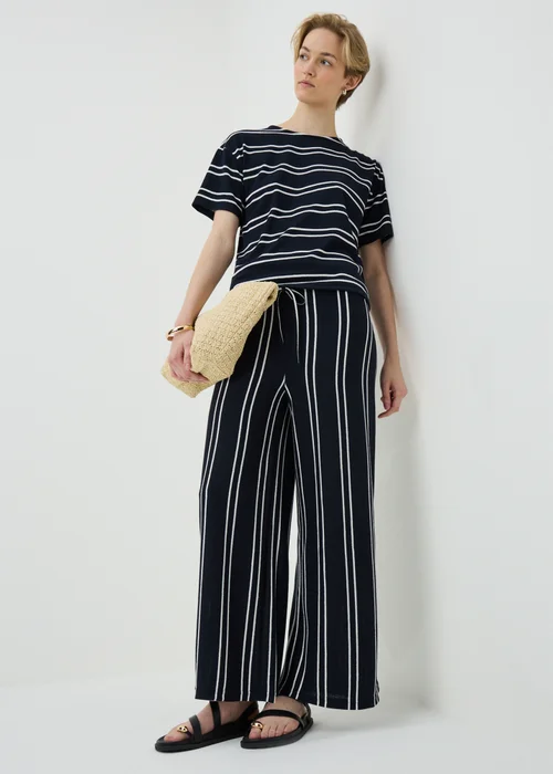 Navy Stripe Soft Knit Wide Leg Co Ord Trousers - 8/L29 Image 1