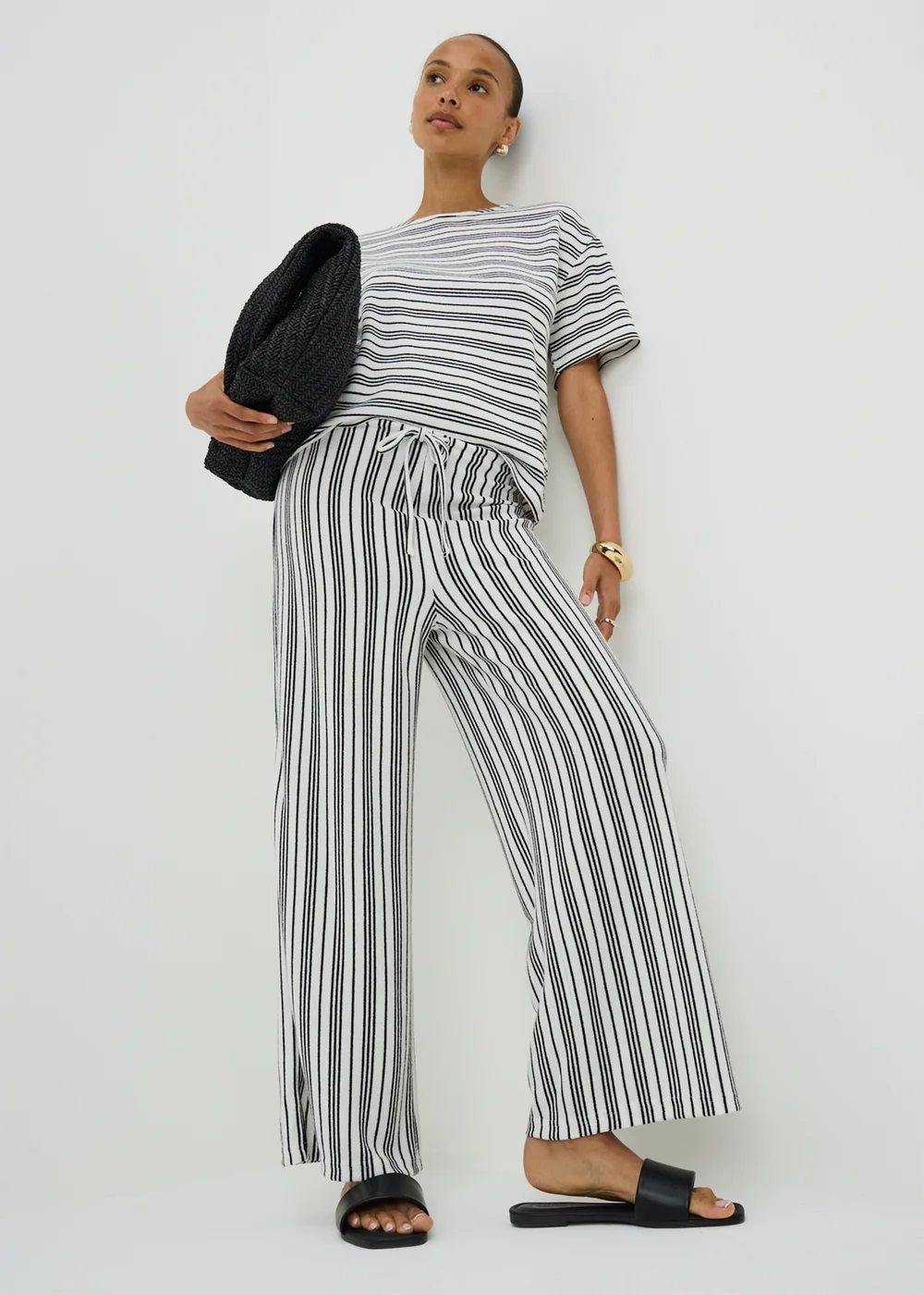 Cream Stripe Soft Knit Wide Leg Co Ord Trousers - 8/L29 Image 1
