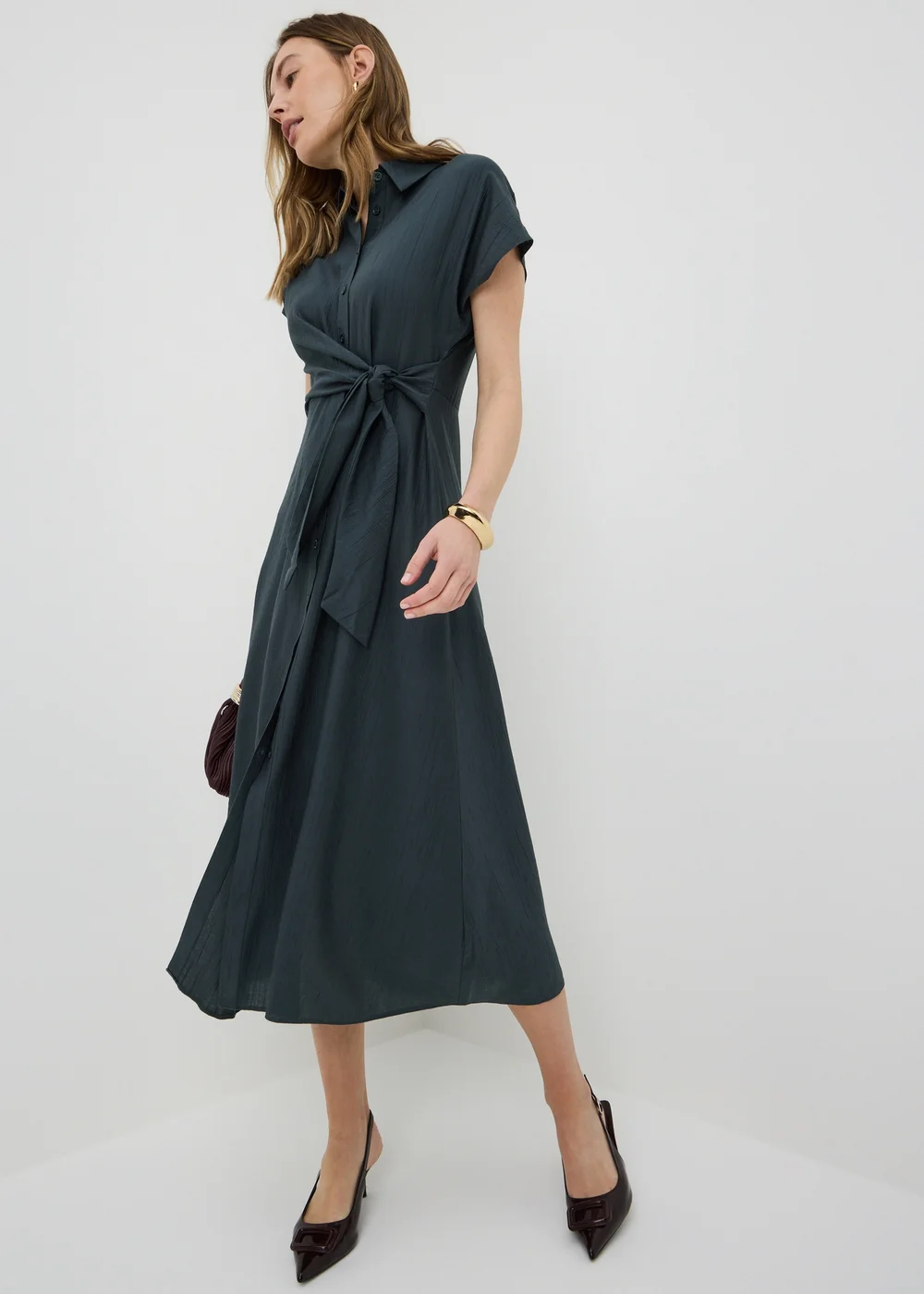 Navy Tie Front Midi Shirt Dress - 8 Image 1