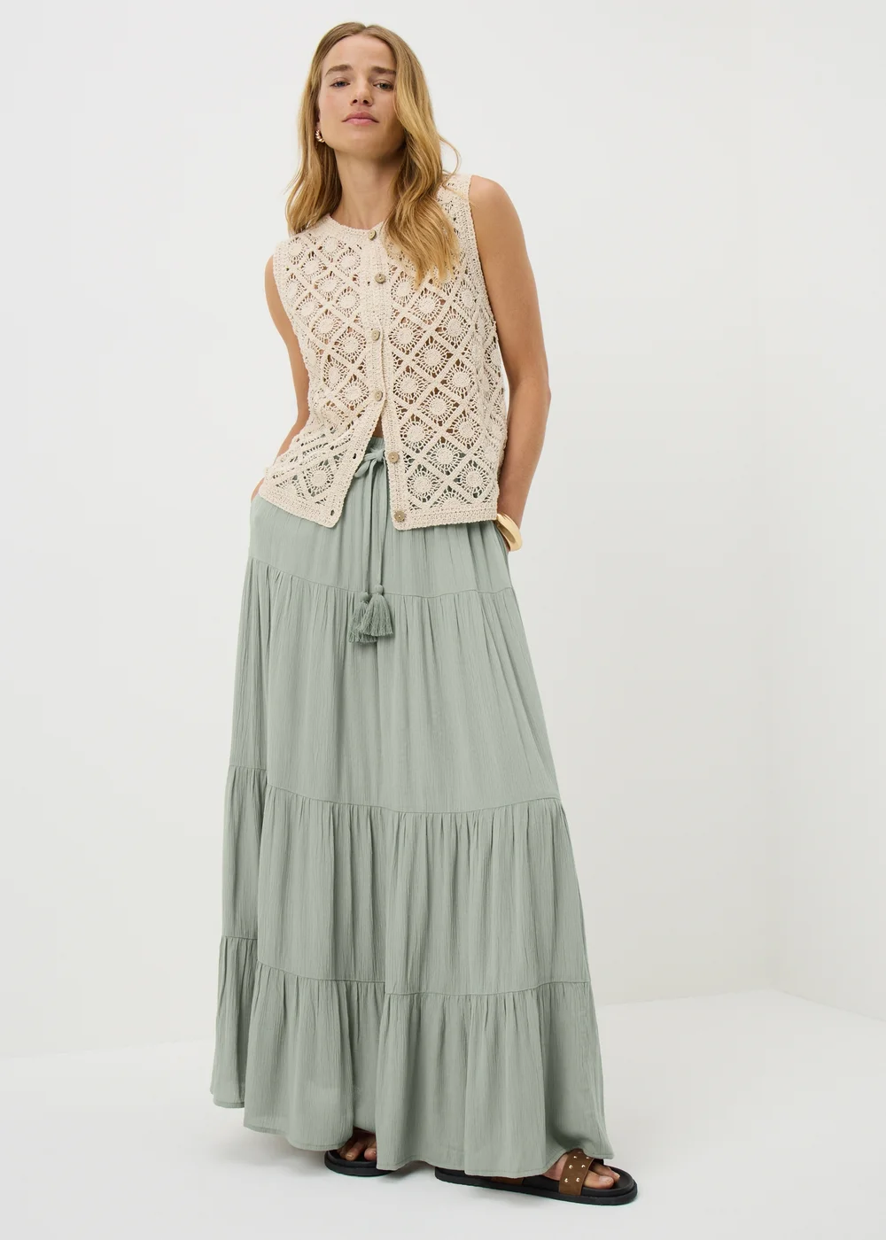 Sage Green Tiered Cheesecloth Maxi Skirt - 8 Image 1