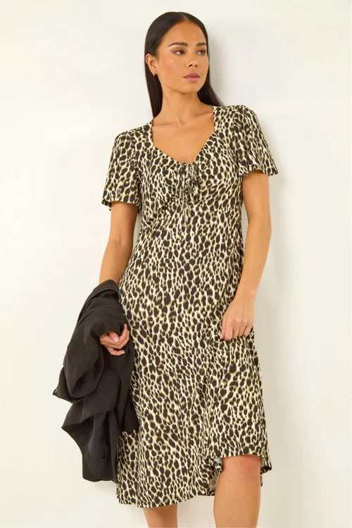 Roman Khaki Petite Animal Print Drawstring Midi Dress - 16 Image 1