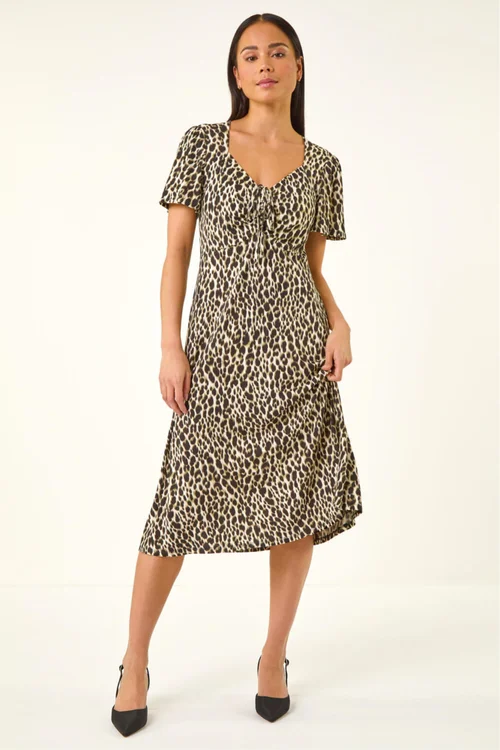 Roman Khaki Petite Animal Print Drawstring Midi Dress - 16 Image 2