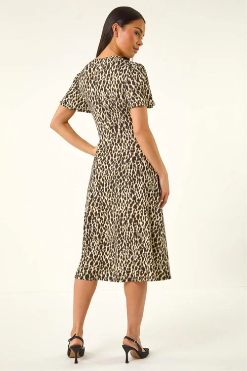 Roman Khaki Petite Animal Print Drawstring Midi Dress - 16 Image 3