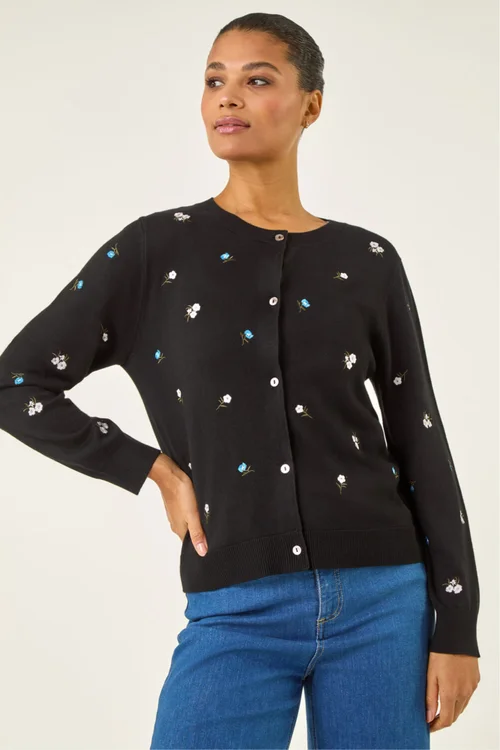 Roman Black Floral Embroidered Knit Cardigan - 14 Image 4