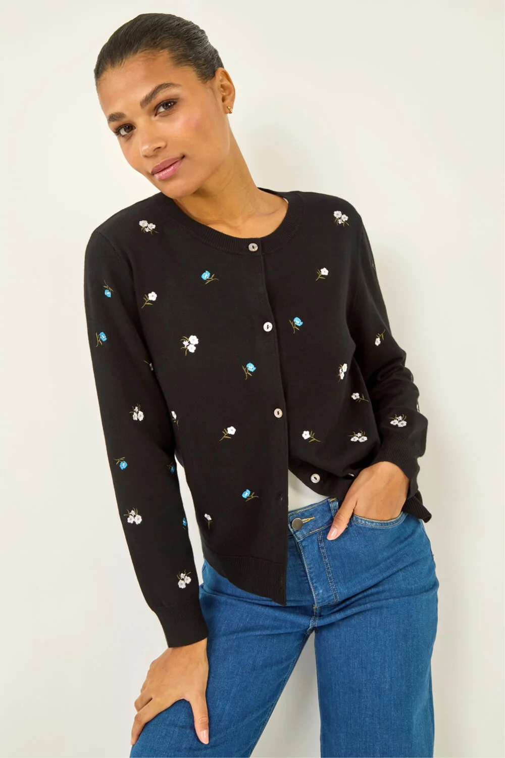 Roman Black Floral Embroidered Knit Cardigan - 14 Image 1