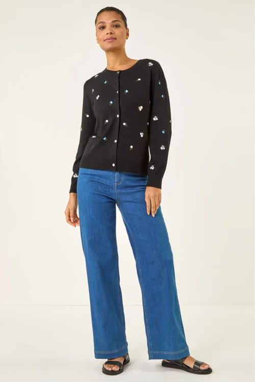 Roman Black Floral Embroidered Knit Cardigan - 14 Image 2