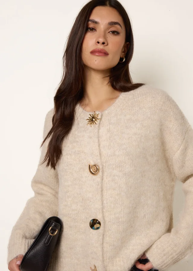 Blue Vanilla Beige Multi Gold Button Cardigan
