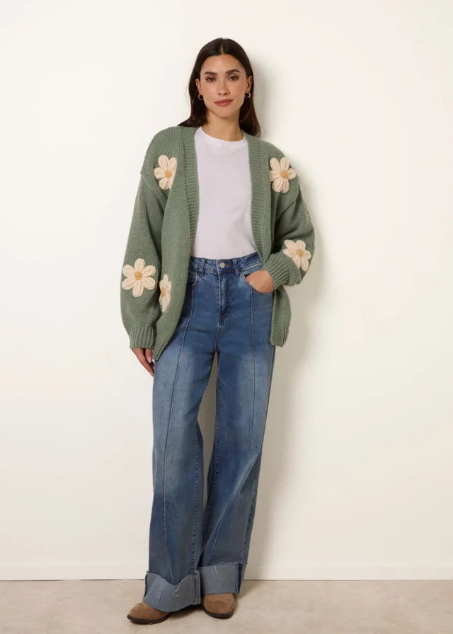 Blue Vanilla Green Daisy Large Flower Cardigan