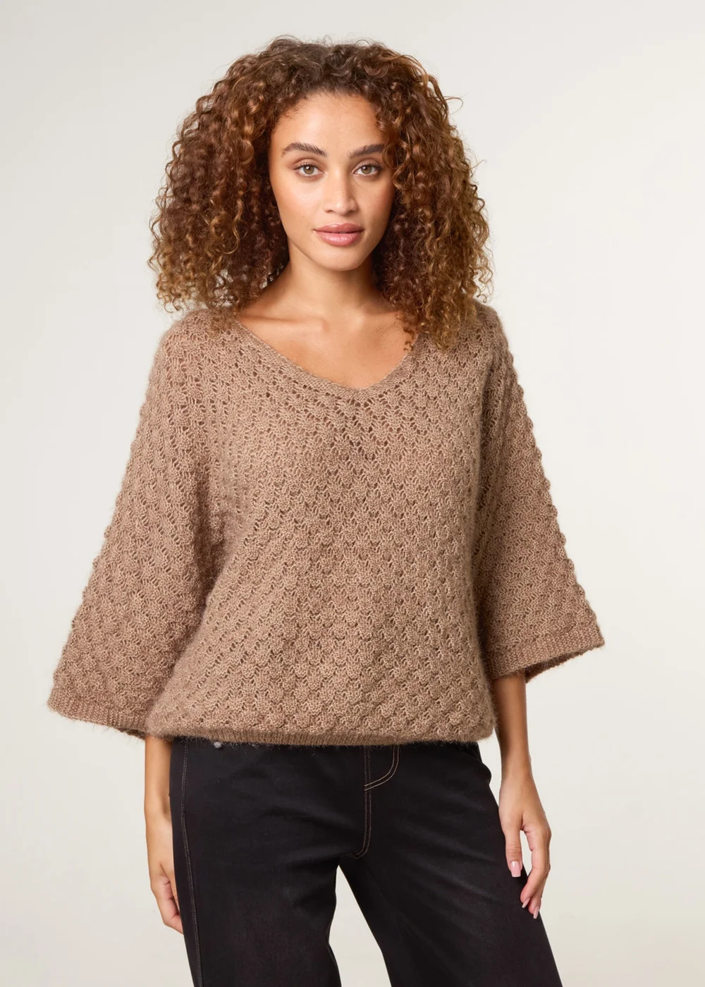 Blue Vanilla Beige Pointelle Knit Batwing Jumper - One Size Image 2