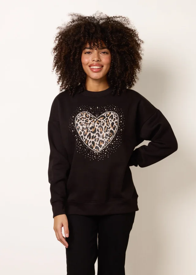 Blue Vanilla Black Love Heart Sweatshirt With Leopard Print