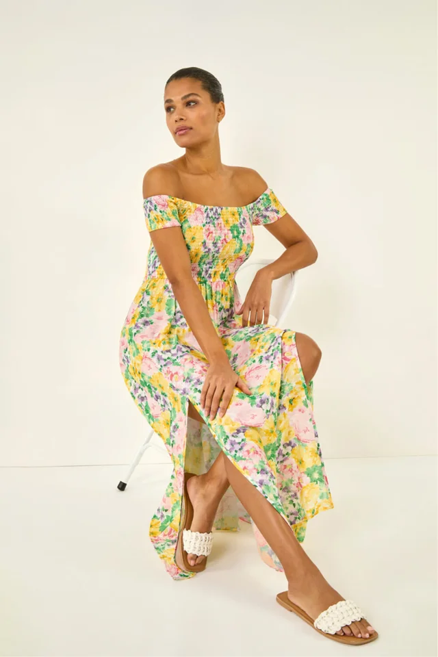 Roman Yellow Floral Print Bardot Shirred Midi Dress