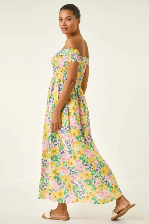 Roman Yellow Floral Print Bardot Shirred Midi Dress - 18 Image 3