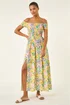 Roman Yellow Floral Print Bardot Shirred Midi Dress - 18 Image 2