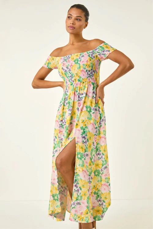 Roman Yellow Floral Print Bardot Shirred Midi Dress - 18 Image 4
