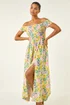 Roman Yellow Floral Print Bardot Shirred Midi Dress - 18 Image 4