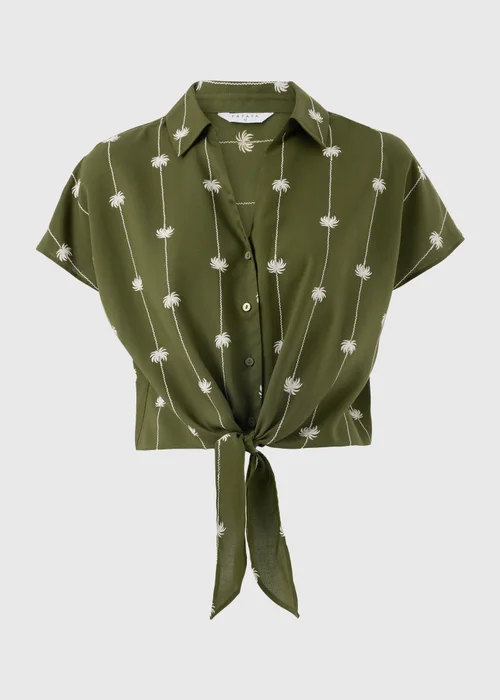 Khaki Palm Print Tie Front Co Ord Shirt - 20 Image 4