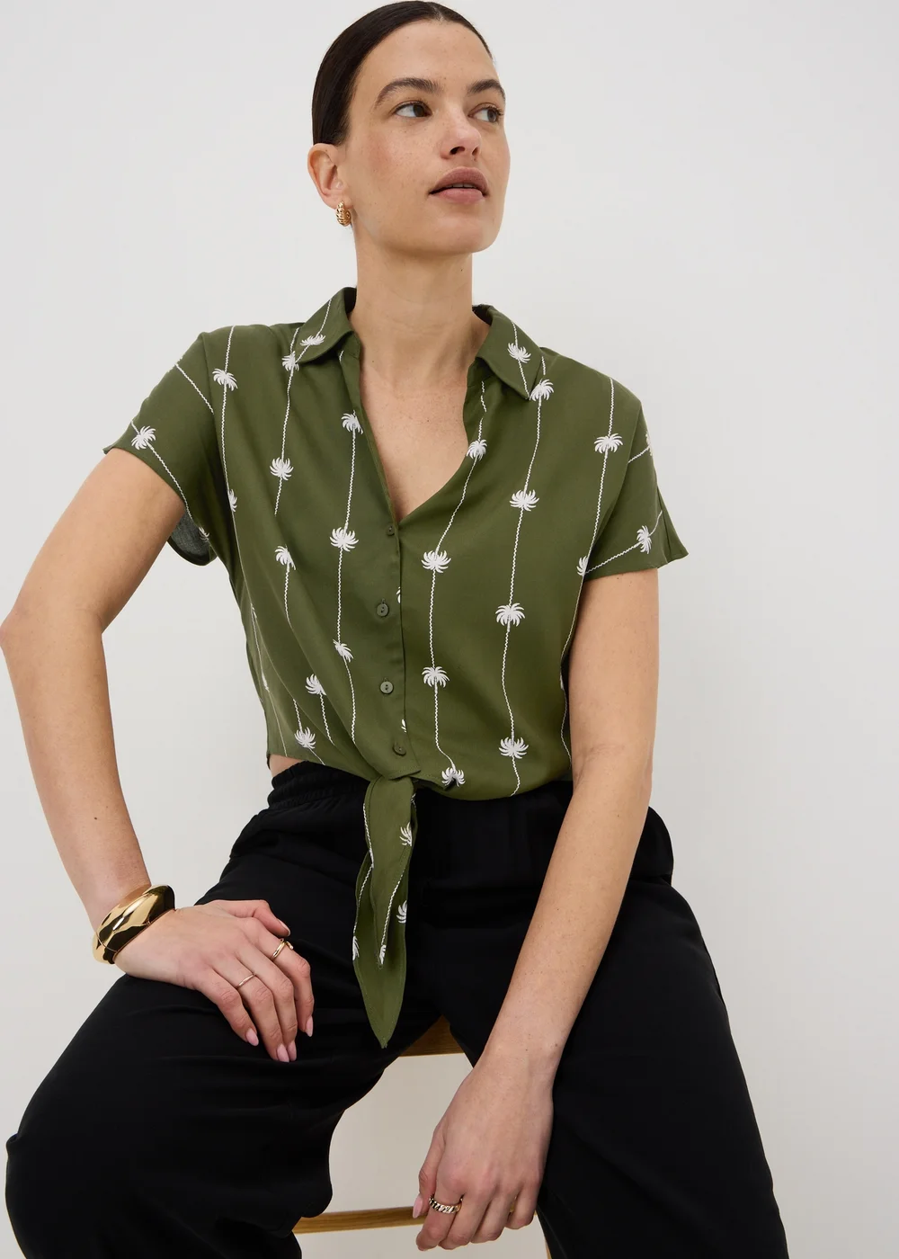 Khaki Palm Print Tie Front Co Ord Shirt - 20 Image 1