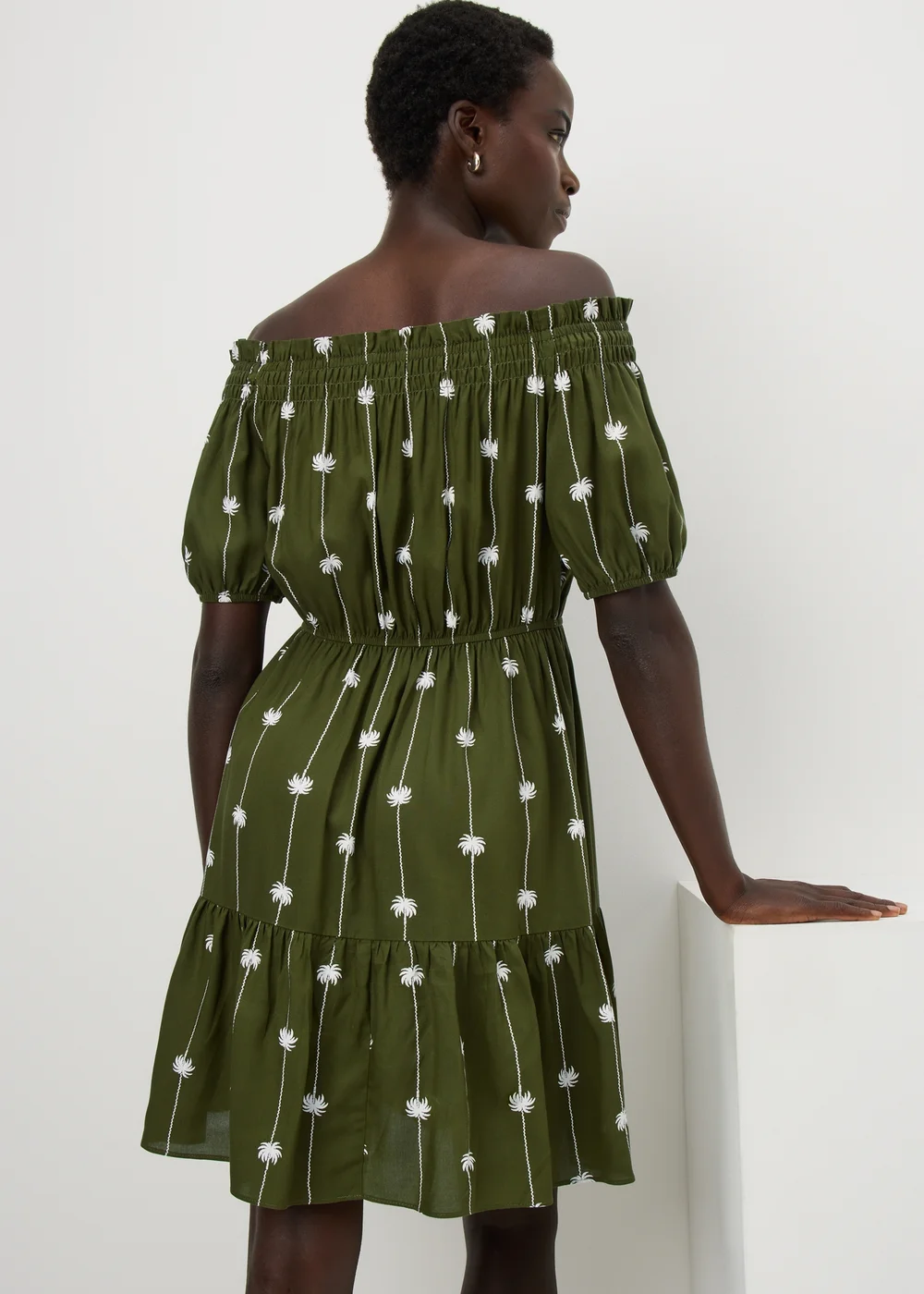 Khaki Palm Print Bardot Mini Dress - 22 Image 2