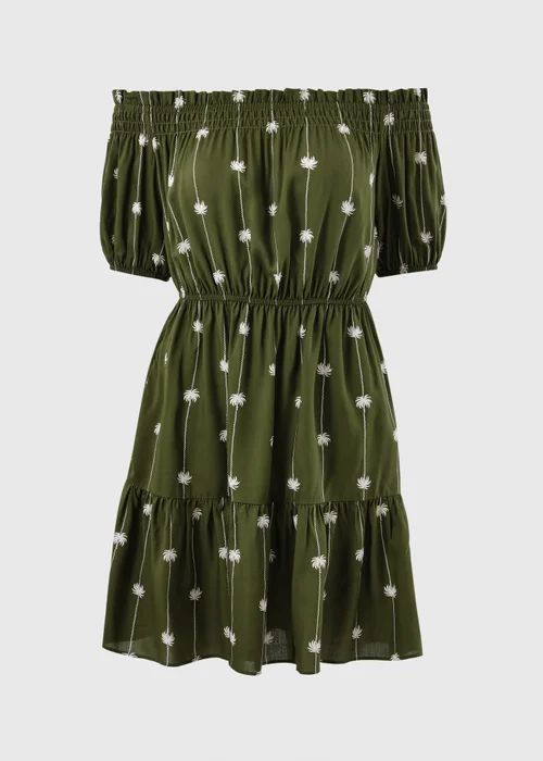 Khaki Palm Print Bardot Mini Dress - 22 Image 4