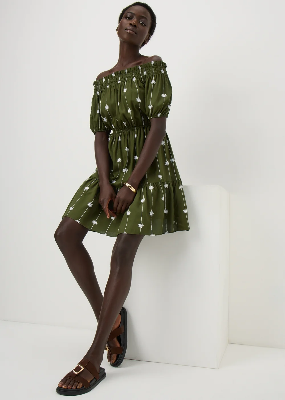 Khaki Palm Print Bardot Mini Dress - 22 Image 1