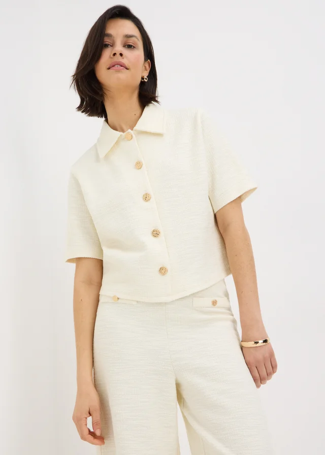 Stone Boucle Collared Co Ord Cardigan