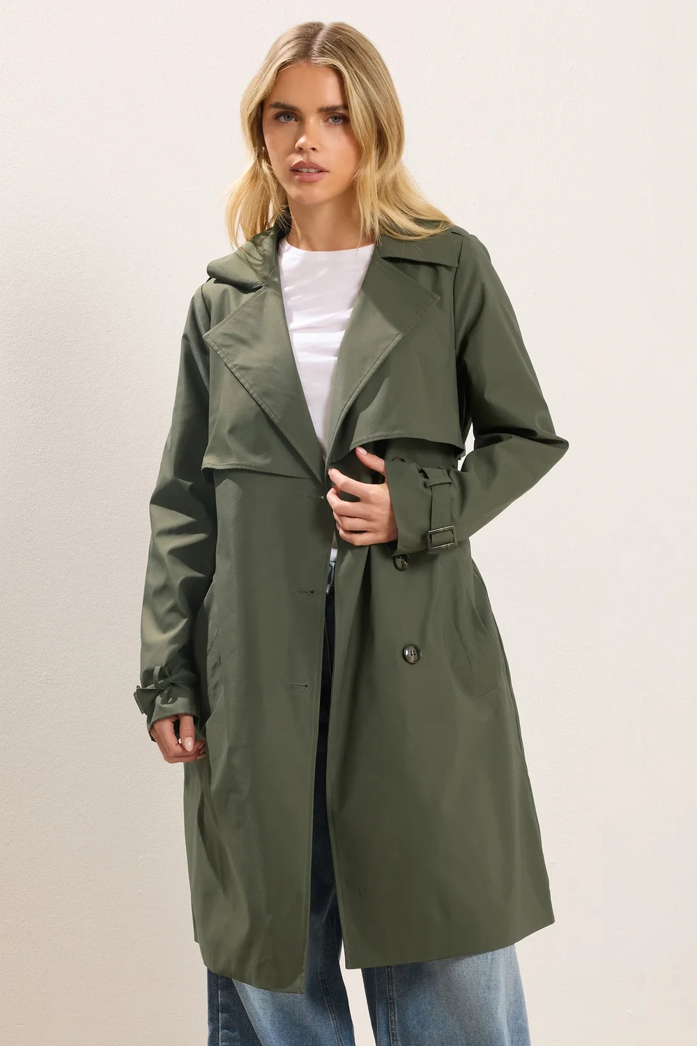 PixieGirl Petite Khaki Green Trench Coat - Size 8 Image 1