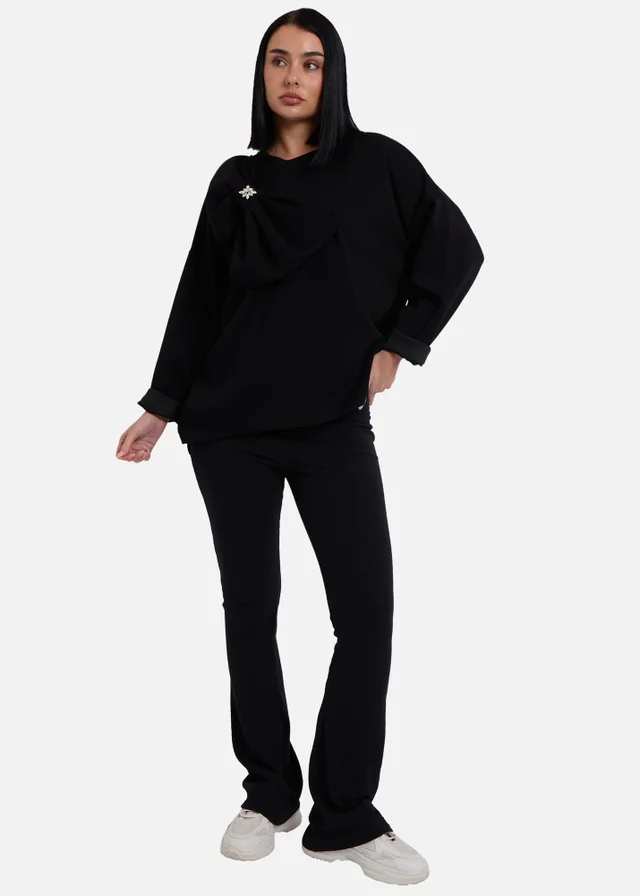 Gini London Black Side Contrast Bow Oversized Jumper Top