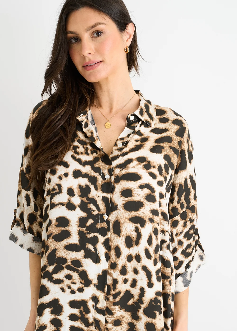 Gini London Brown Animal Printed Button Through Midaxi Shirt Dress - S/M Image 3