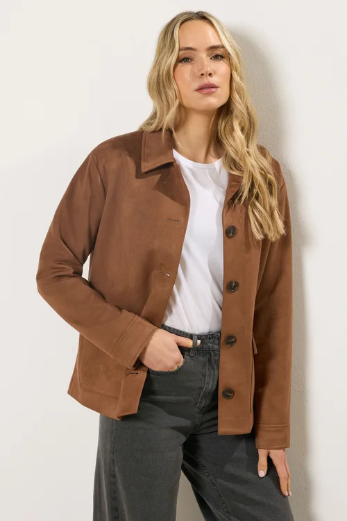 Long Tall Sally Natural Brown Faux Suede Trucker Jacket - Size 18 Image 1