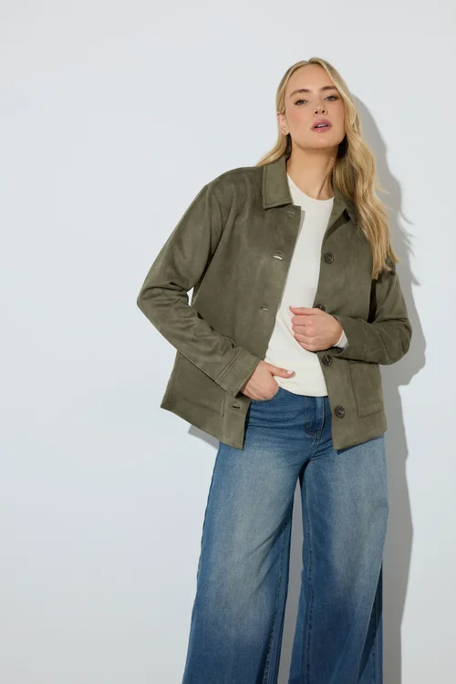 Long Tall Sally Khaki Green Faux Suede Trucker Jacket - 16 Image 1