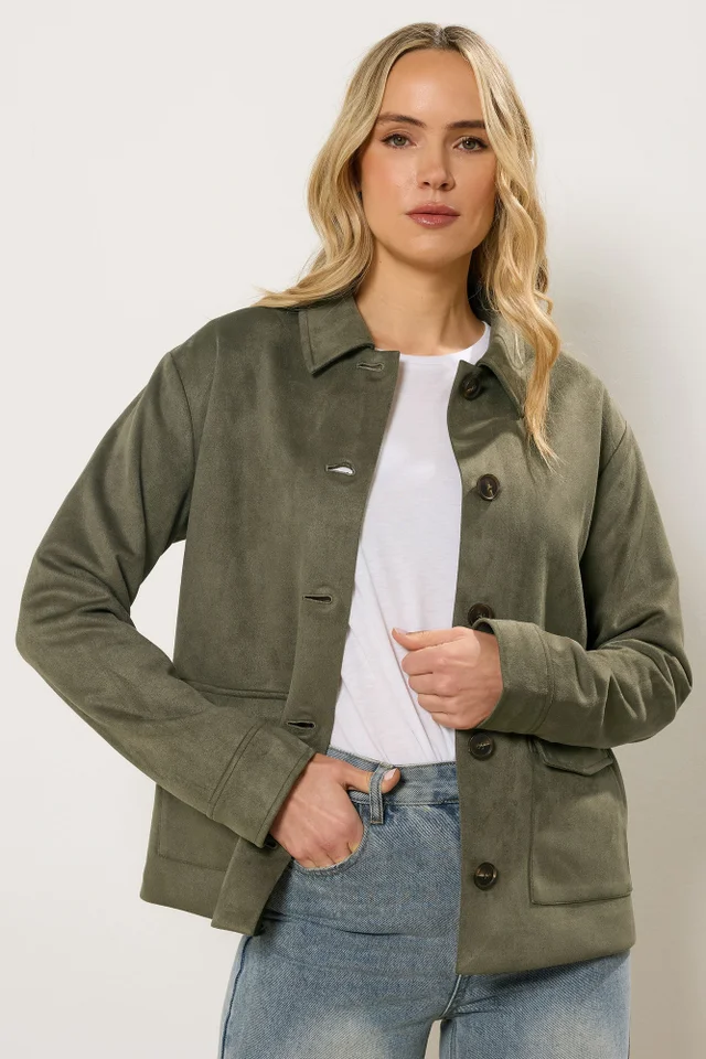 Long Tall Sally Khaki Green Faux Suede Trucker Jacket
