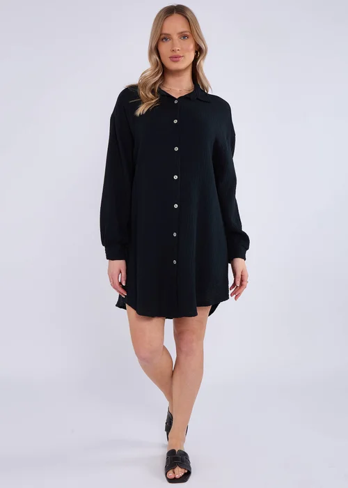 Gini London Black Cotton Textured Oversized Long Shirt - L/XL Image 1
