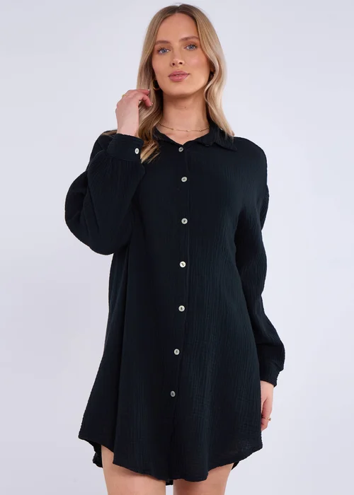 Gini London Black Cotton Textured Oversized Long Shirt - L/XL Image 3