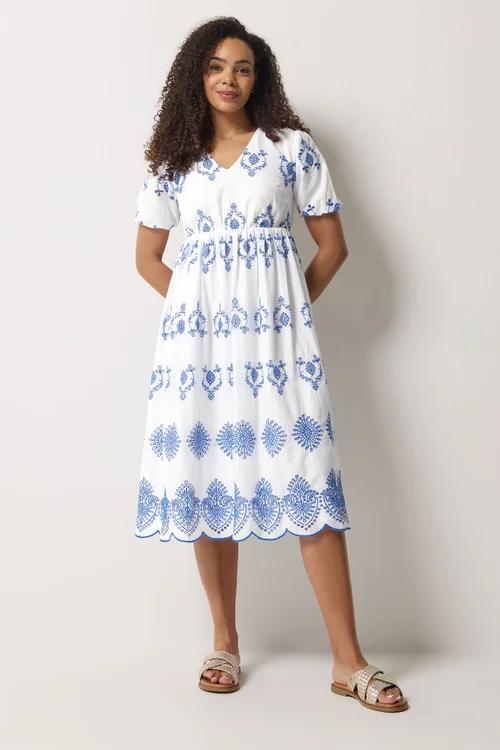 M&Co White & Blue Embroidered Midi Dress - 14 Image 2