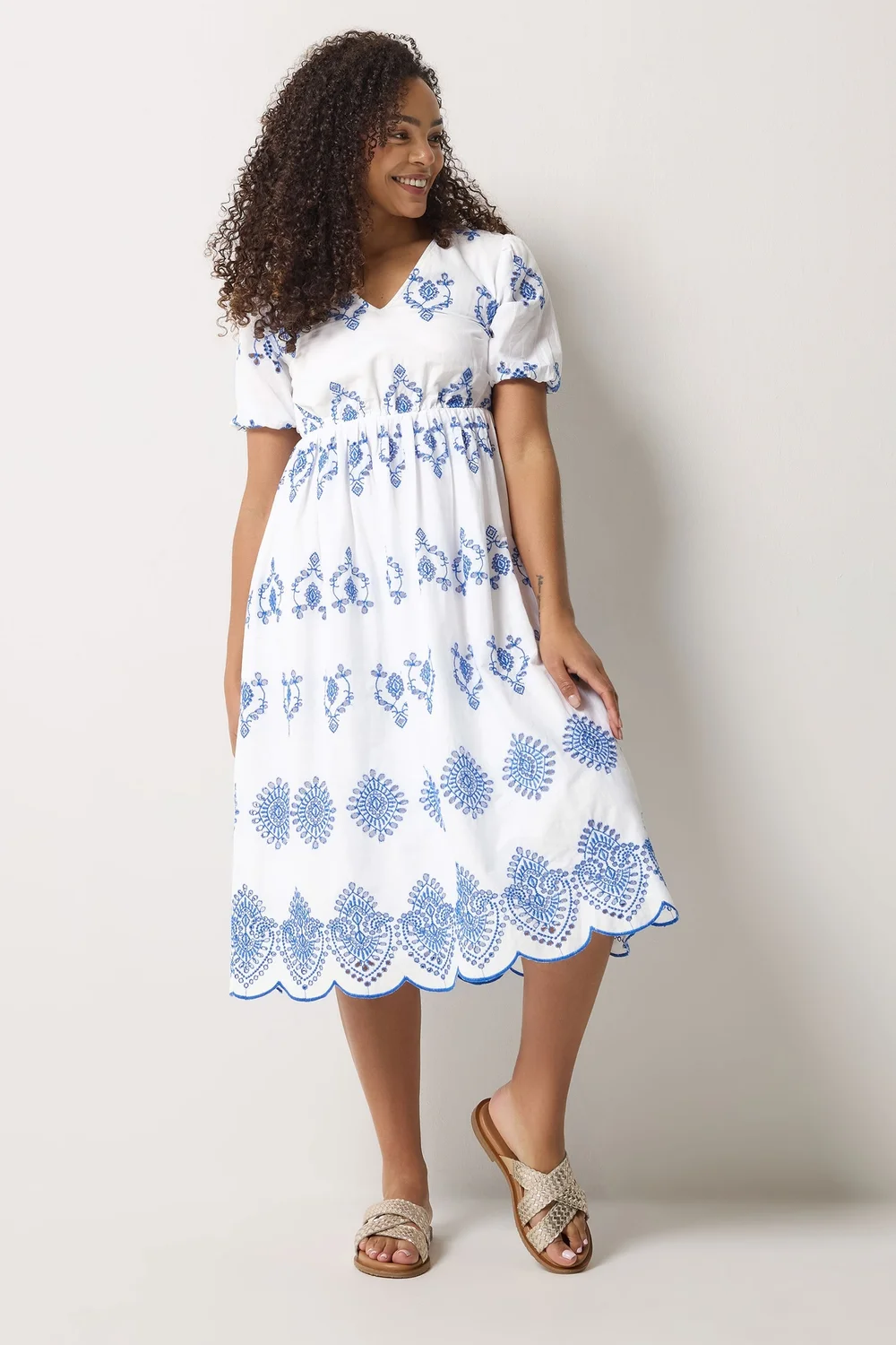 M&Co White & Blue Embroidered Midi Dress - 14 Image 3